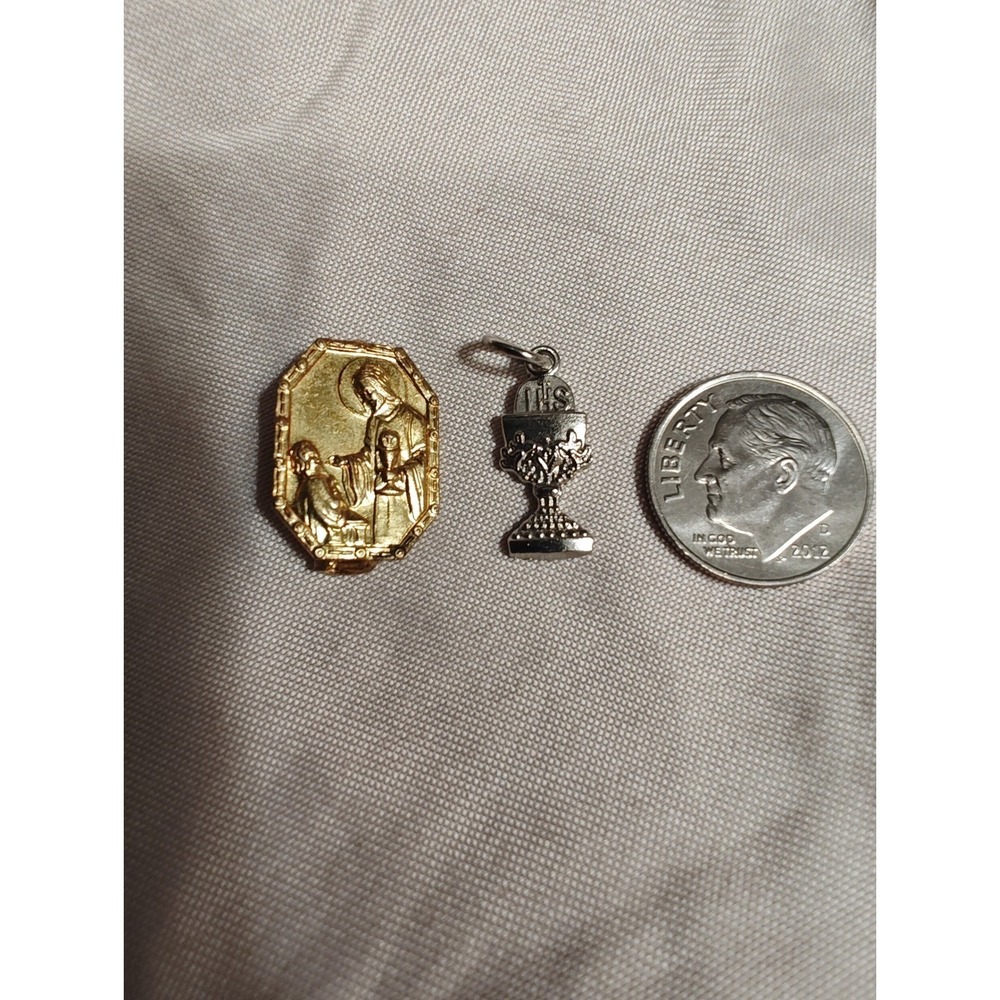 2 First Holy Communion‎ Charms Gold Silver tone IHS Chalice Italy Medal vintage